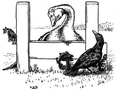A goose leans over a fence rail as Johnny Crow watches below and a fox lurks.