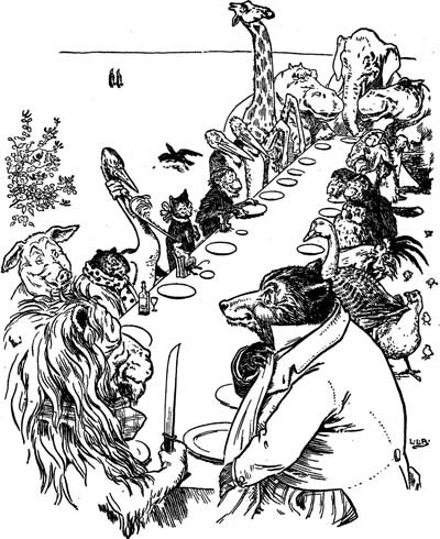 Johnny Crow hosts a dinner table crowded with a lion, pig, giraffe, elephant, hippo and bear.