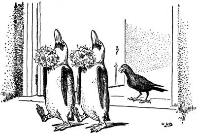 Two penguins wearing flower wreaths stand in a doorway looking toward a puzzled crow.