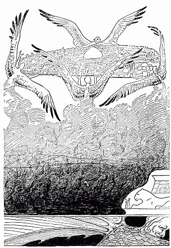 This is the picture of the four gull-winged Djinns lifting up Suleiman-bin-Daoud