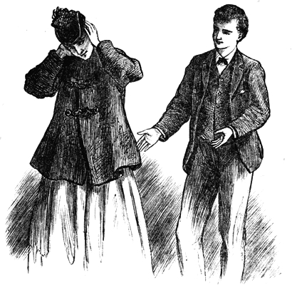 Jo covers her ears with her hands while Laurie walks beside her, gesturing as he talks.