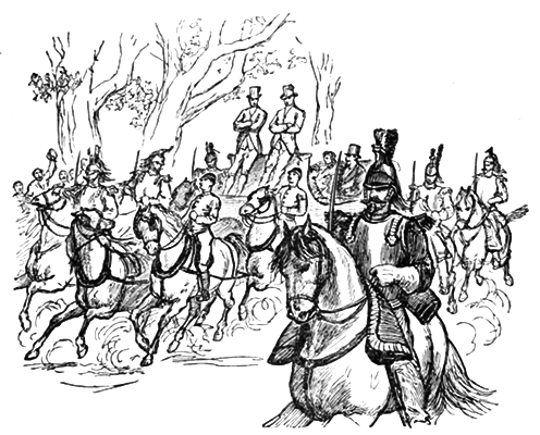 Mounted guards on horseback escort a carriage procession past onlookers beneath the trees.