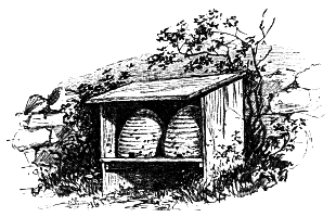 An old beehive box, doubling as the girls' garden post office, in a stone wall.