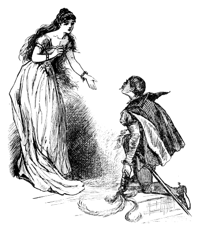 A young woman in a flowing gown stands over a kneeling cavalier in a cloak.