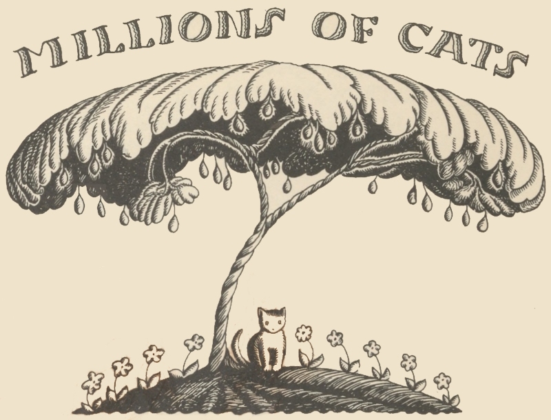 A small kitten sits under an enormous shaggy tree, flowers blooming around its trunk.