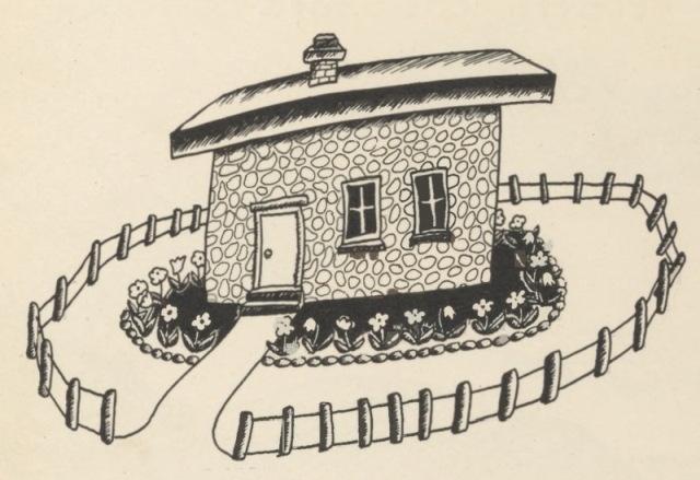 A neat cottage sits inside a looping picket fence, flowers lining the garden path.