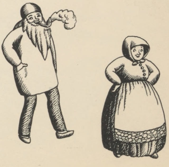 The very old man smokes his pipe while the very old woman stands in her bonnet.