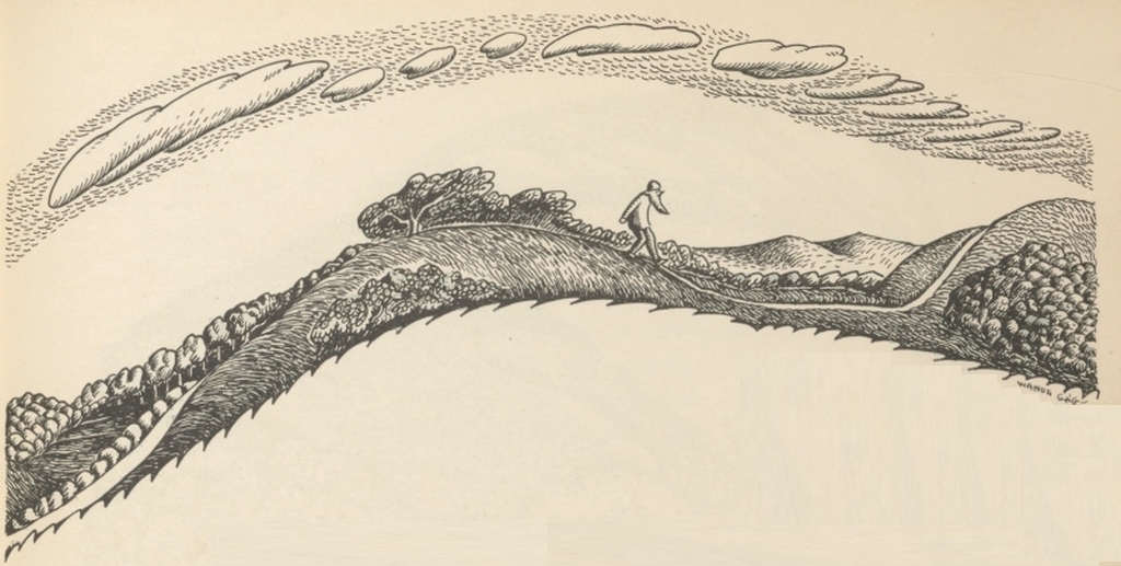 The very old man walks alone along a hilltop path beneath drifting clouds.