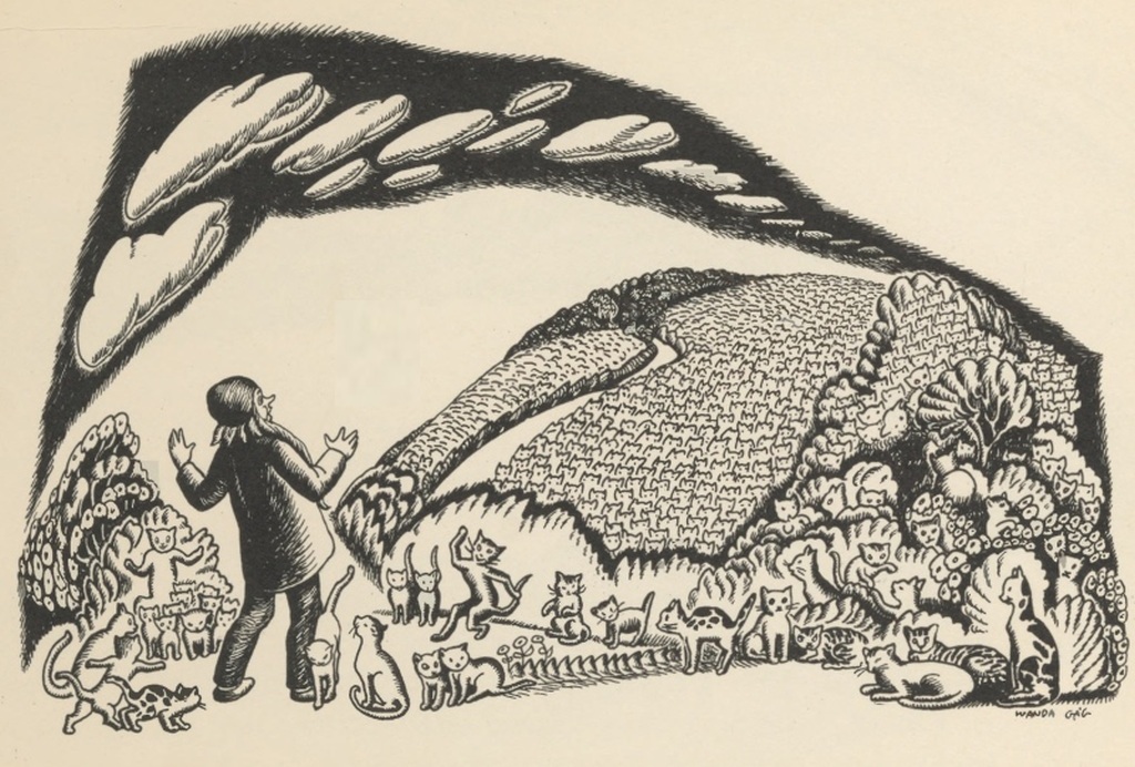 The very old man throws up his hands before a hillside covered in countless cats.