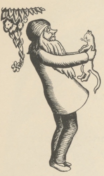 The very old man smiles as he holds up a cat to admire it.