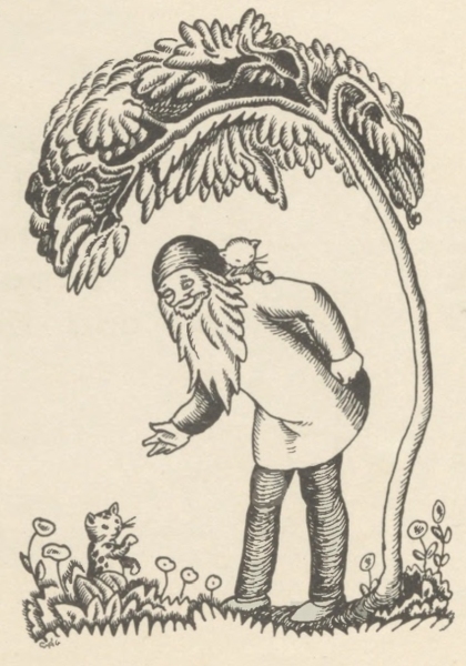 A kitten rides on the very old man's shoulder while another sits in the flowers below.