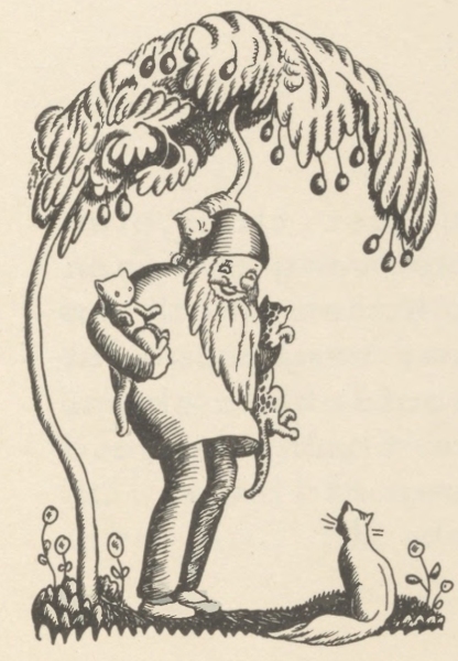 The very old man carries several kittens in his arms and on his head.