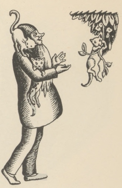 The very old man reaches for a kitten hanging from a branch, others clinging to him.