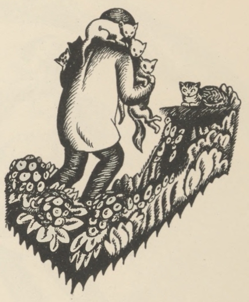 The very old man reaches for a striped cat while three kittens ride on his shoulders.