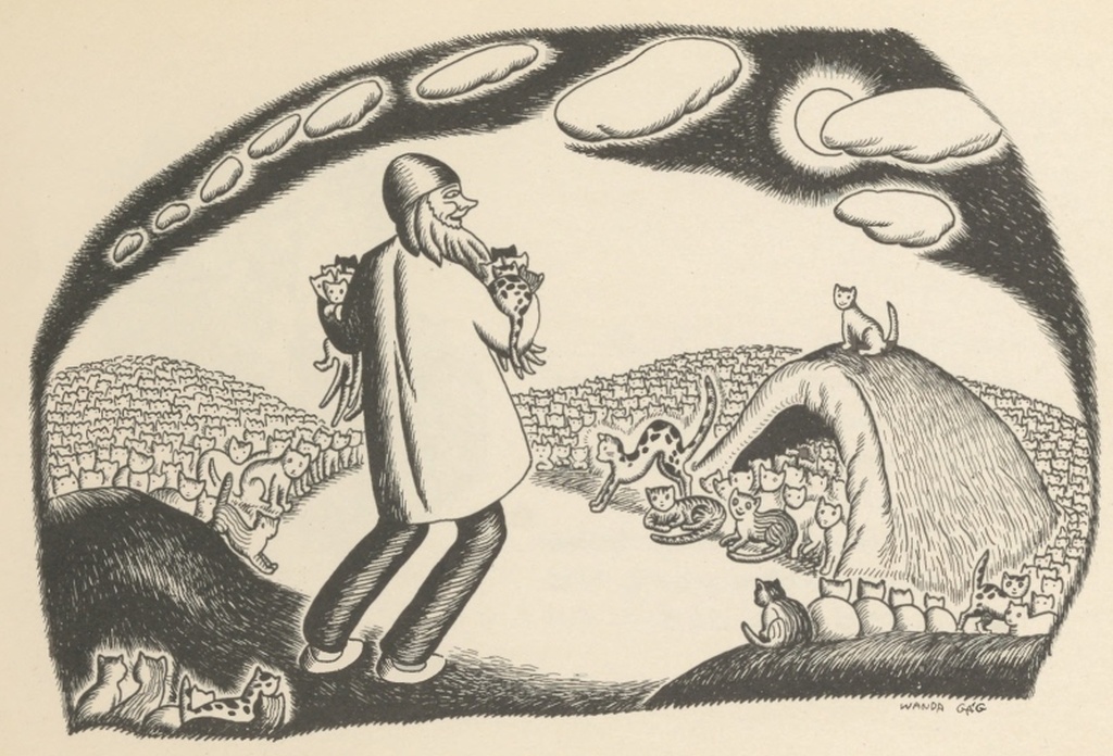 The very old man carries two cats past hillsides and a cave crowded with waiting cats.