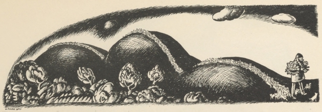 The very old woman stands on a hillside, a small dog at her feet.