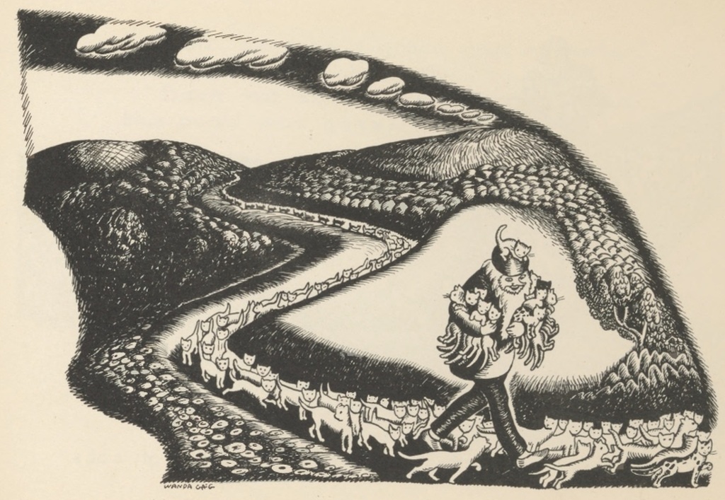 The old man carries kittens in his arms as cats trail behind him down the hillside.