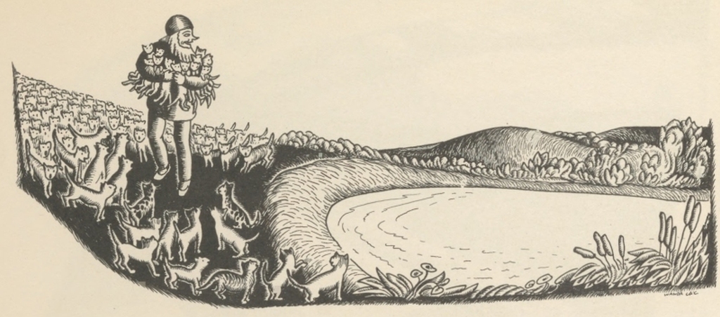 The old man holds an armful of kittens beside a crowded pond in the hills.