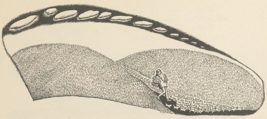 The old man walks alone along a path curving between two smooth, rounded hills.