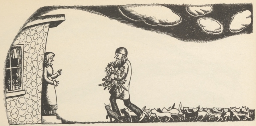 Outside their cottage, the old woman points as the old man arrives with kittens and cats.