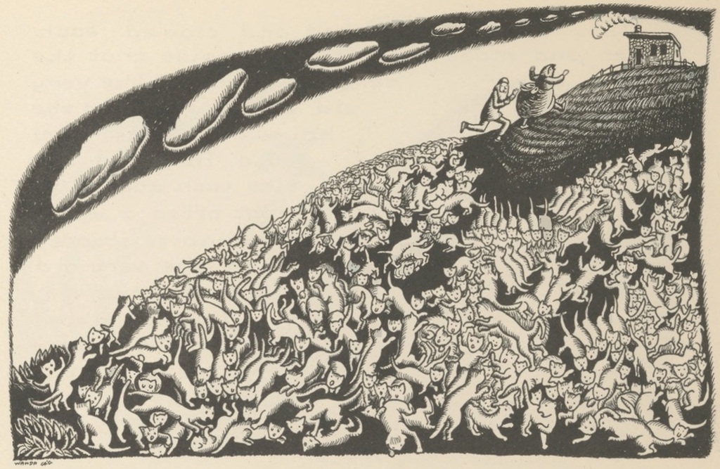 Hundreds of cats swarm and tumble over each other up the hillside toward the cottage.
