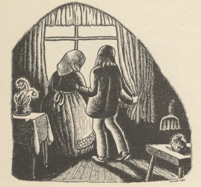 Indoors, the old man and old woman peer out through the curtains of their window.