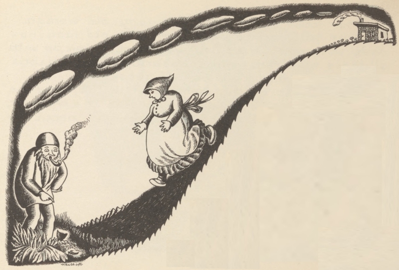The old man crouches at a grass tuft while the old woman hurries to their house.