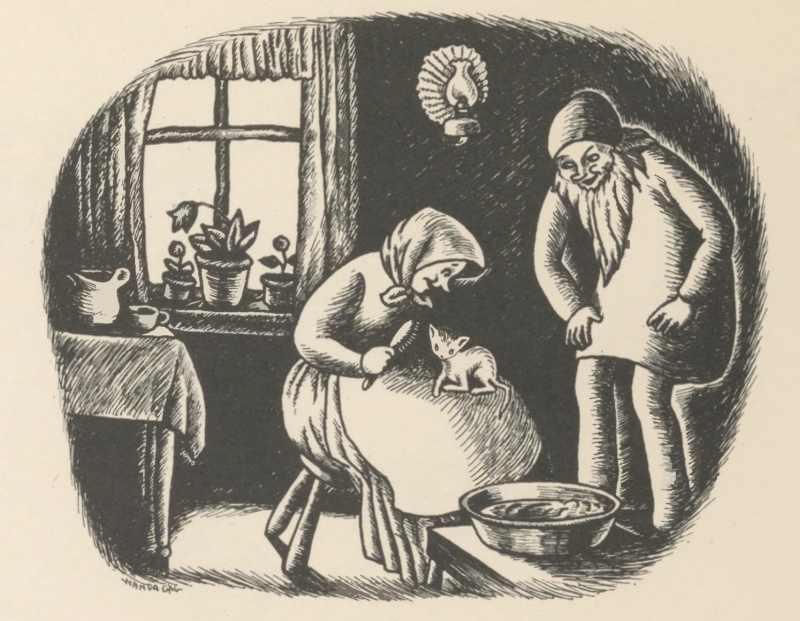 Indoors, the old woman bathes the little kitten on the table as the old man watches.