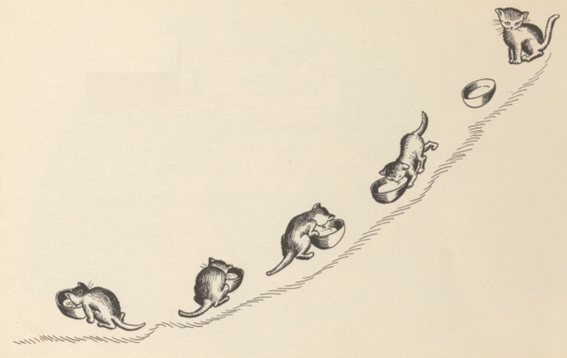 Five kittens climb a hillside path, growing plumper at each bowl of milk they reach.