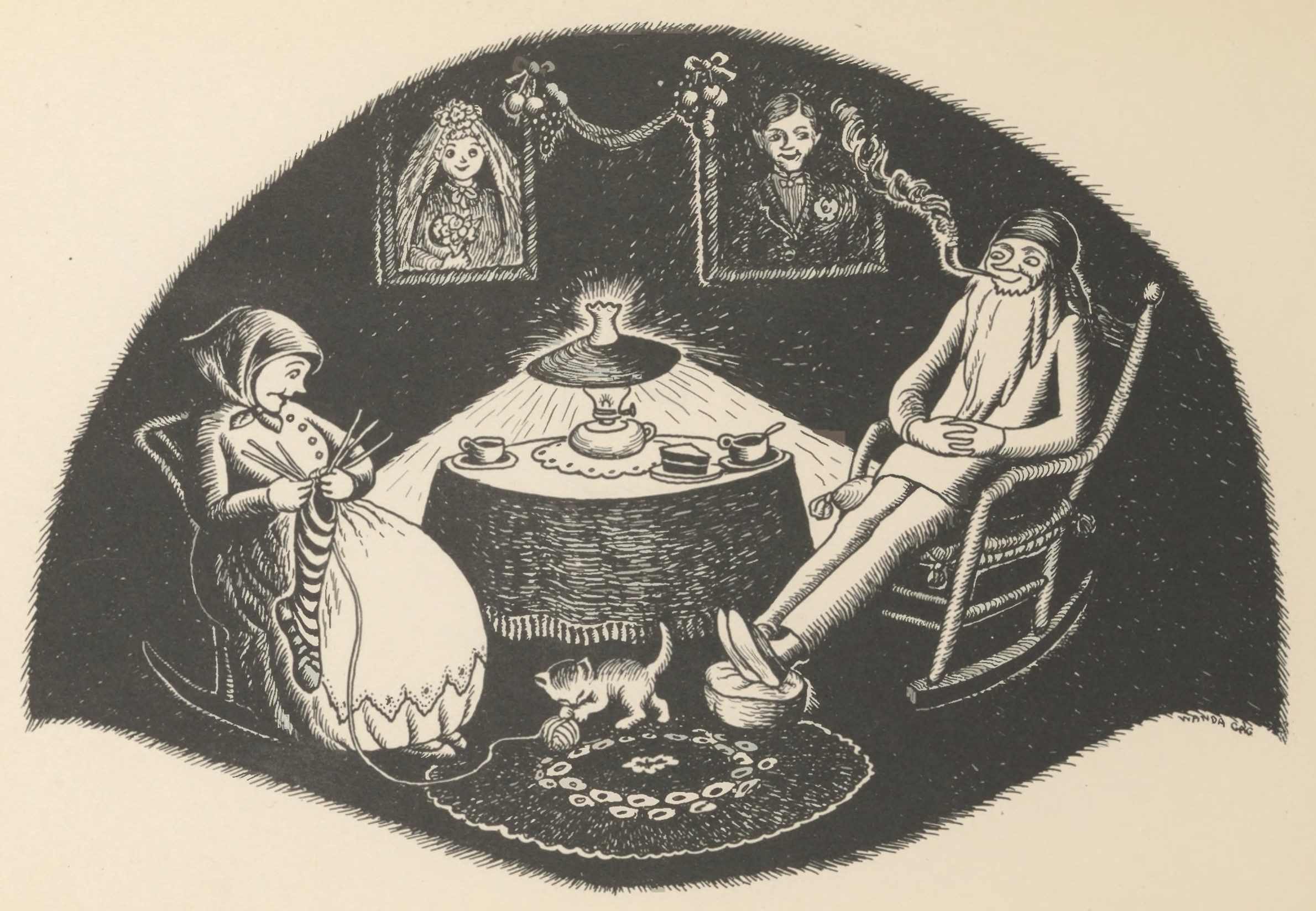 The old man smokes his pipe while the old woman knits and a kitten plays nearby.