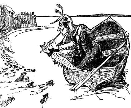 The Piper plays his pipe from a boat while townsfolk watch from the shore.