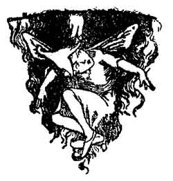 A winged fairy child tumbles through darkness, her hair and dress streaming.
