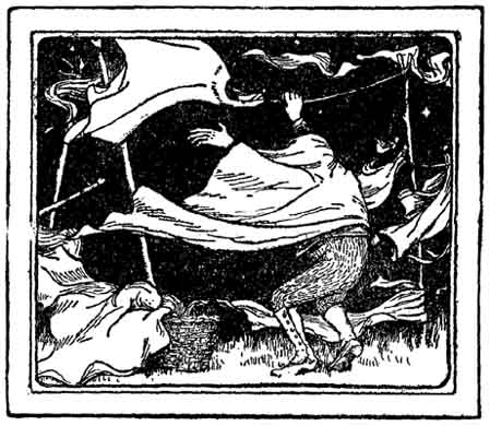 A caped figure whips in the wind at night above a basket of washing.