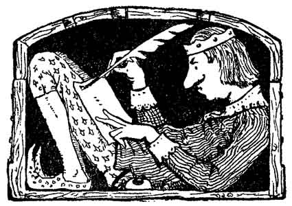 A crowned king listens as a man presents him with a written scroll.