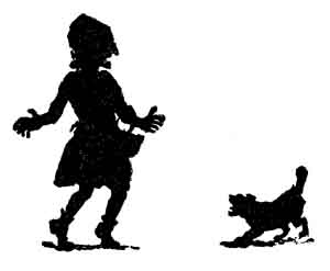 A silhouetted figure walks briskly, a small dog trotting close behind.