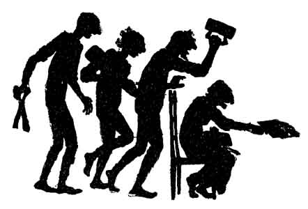A row of silhouetted figures show someone stooping lower until they kneel by a griddle.