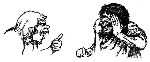 An old woman shouts and points while a shaggy giant cowers, hiding his face.
