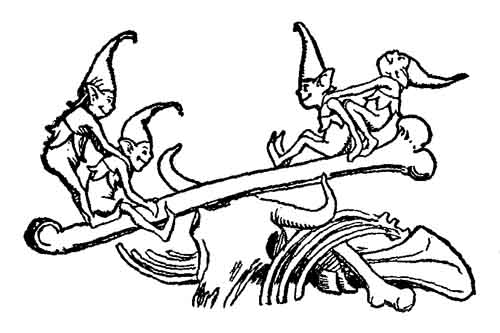 Four pointy-hatted pixies sit along a huge bone like a seesaw.
