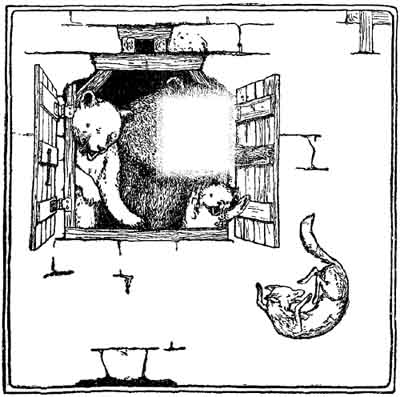 A bear and cub peer from a cupboard window while a fox curls up outside.
