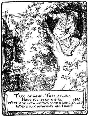 A witch raises her arms below a tree where a girl hides among the leaves.