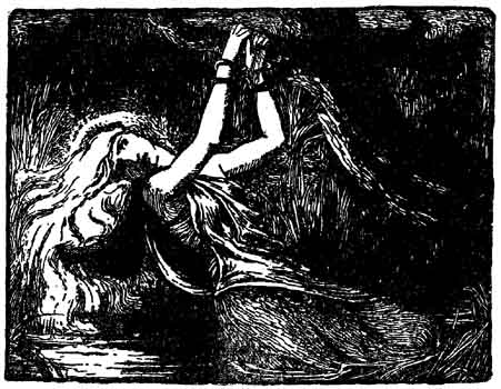 A woman with flowing hair strains upward, wrists bound above her head in the dark.