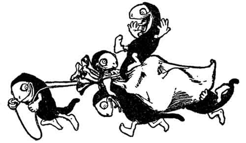 Four goblin-like hobyahs scamper off together, hauling a bulging sack between them.
