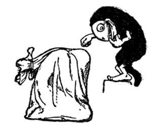 A hobyah stoops over a sack on the ground, knocking on top of it.