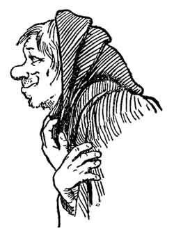 A hooded abbot in a monk's cowl pulls his cloak close, shown in profile.