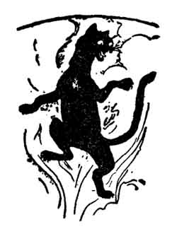 A black cat rears up on its hind legs, about to dash up a chimney.