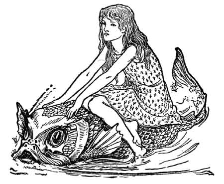 A girl rides on the back of a huge fish swimming through the water.