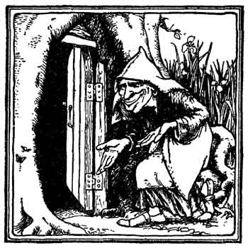 A hooded old woman crouches at the doorway of a hollow tree, reaching out a hand.