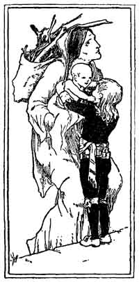 A cloaked woman carrying a bundle is embraced by two children at her sides.