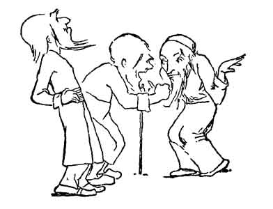 An old man leaning on a stick argues with two other villagers beside him.