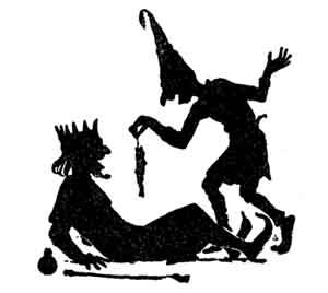 A silhouette shows a crowned figure reclining while a jester dangles a trinket above him.